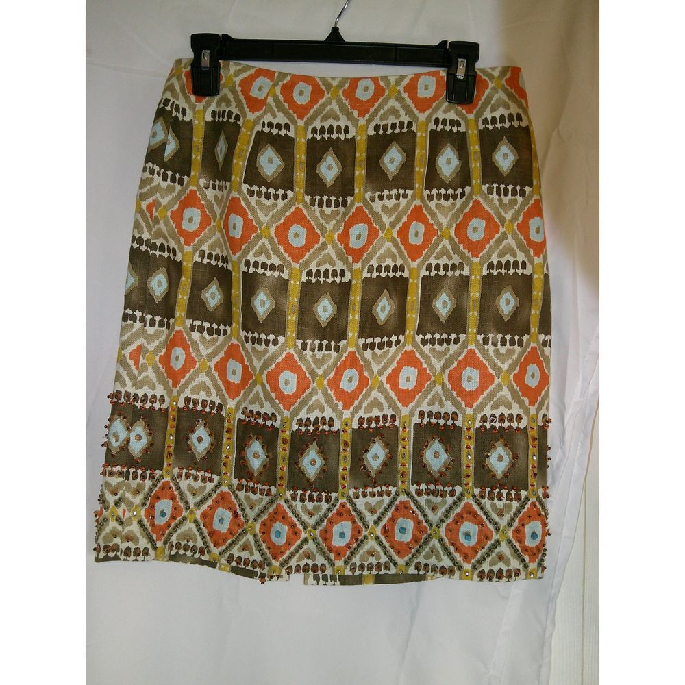Worth 100% Linen Geometric Print Pencil Skirt Size 4 Orange Brown Tribal Pattern